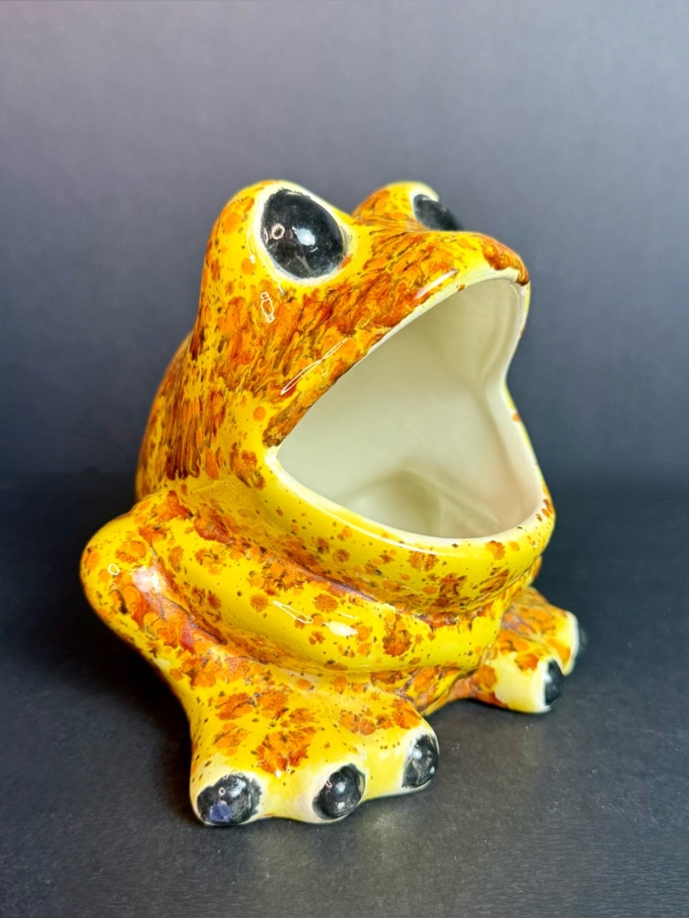 Vintage Ceramic Frog Soap Dish Sponge Holder Orange Brown Yellow Mid-Century Mod